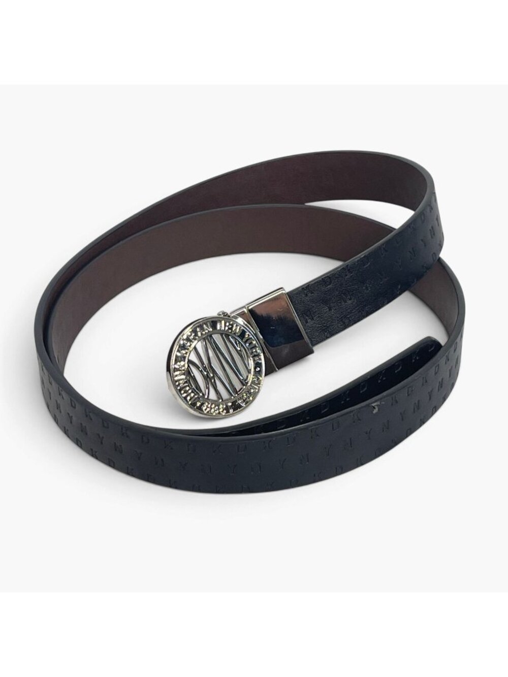DKNY Black & Brown Reversible Leather Belt Silver Logo Buckle Adjustable 36"-40"